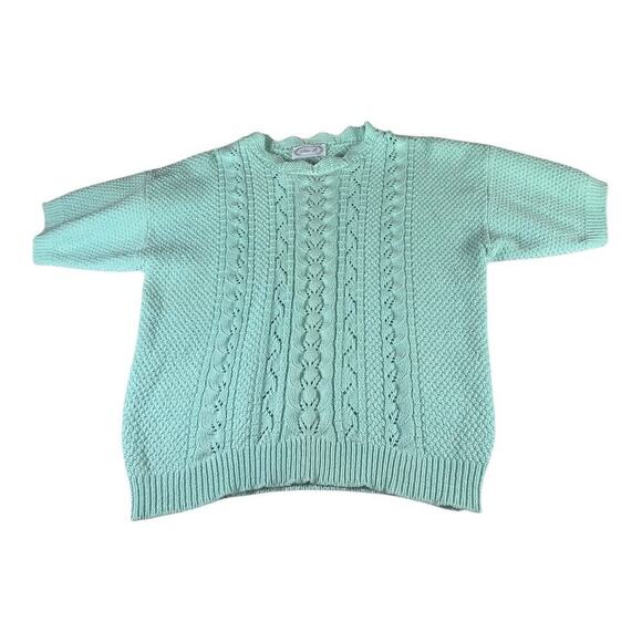 Vintage Billi Jo Crochet Chunky Knit Short Sleeve Sweater Scalloped USA M/L Blue - Picture 3 of 9